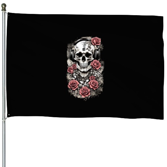 Rock & Roses House Flags: Skull, Roses & music nout
