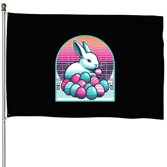 Synthwave Easter Bunny with Eggs House Flags