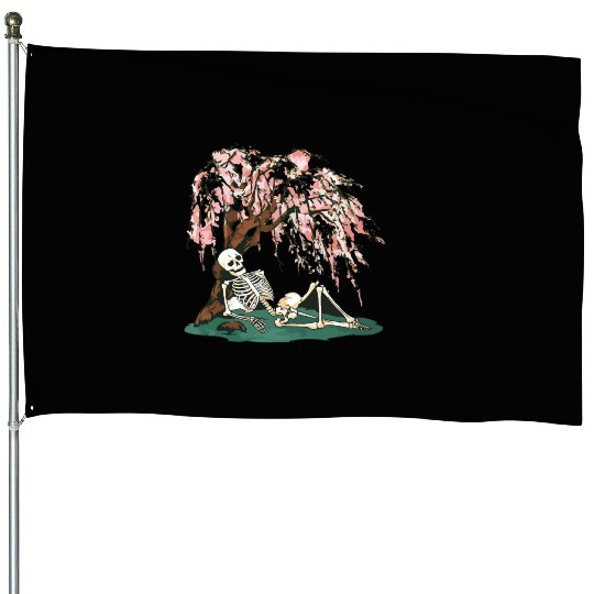 Skeleton in Repose Under a Cherry Blossom Tree House Flags