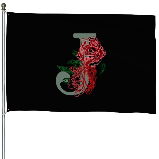 Capital letter J monogram and contour rose flowers House Flags