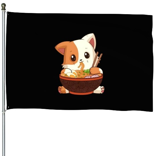 Cute anime cat eating ramen noodles House Flags