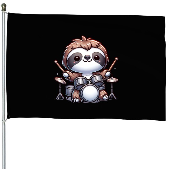 Cool Sloth Drummer Lazy Beats Design House Flags