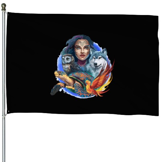 Wildlife Tribal Wolf Owl Turtle Woman for a House Flags