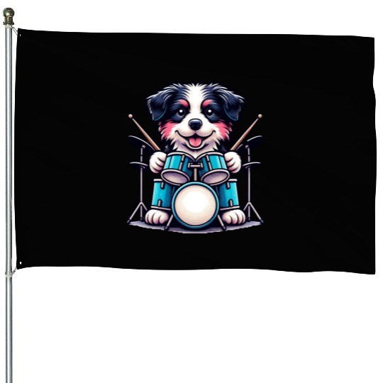 Cool Border Collie Drummer Puppy Design House Flags