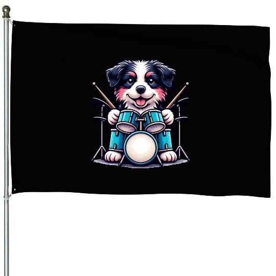 Cool Border Collie Drummer Puppy Design House Flags