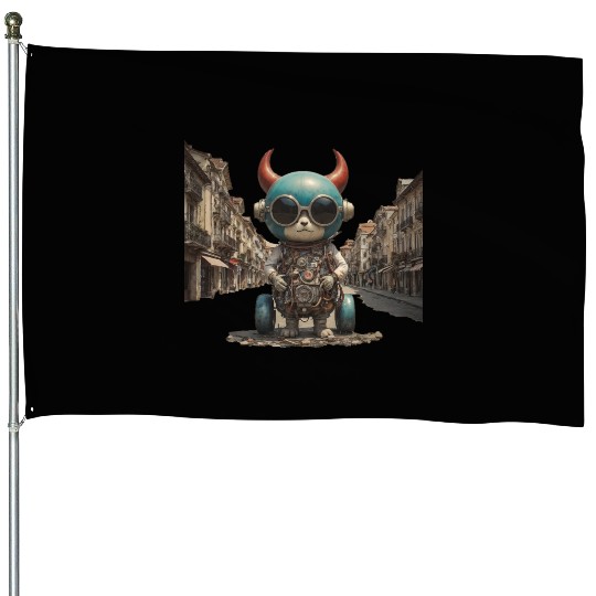 Fantasy scene of an animal in a classic town House Flags