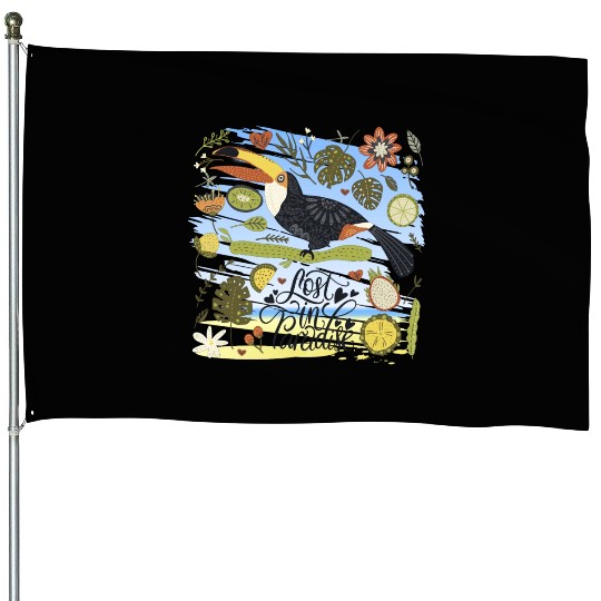 Art Unique Lost in Paradise - Bird Parrot Cartoon House Flags