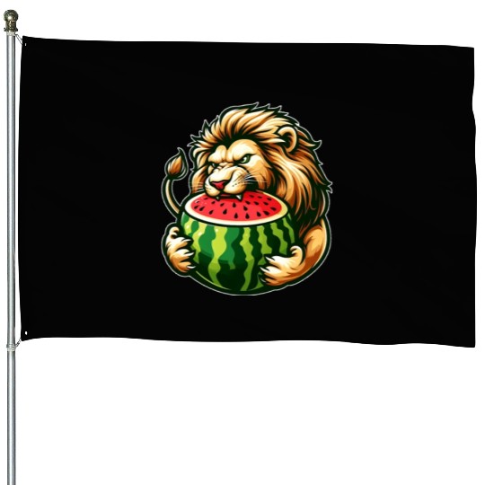 Lion Enjoying a Juicy Watermelon House Flags