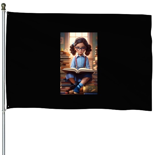 A sweet 5 year old girl wearing a light blue butto House Flags