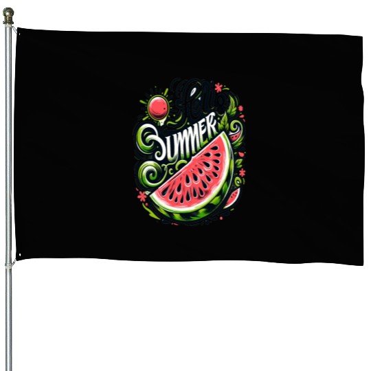 Happy Summer Greeting With Watermelon House Flags
