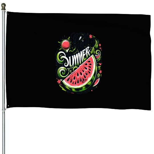 Happy Summer Greeting With Watermelon House Flags