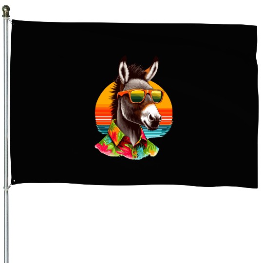 Retro Sunset And Donkey In Color House Flags