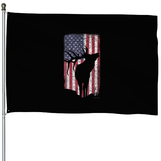 Elk Hunting Bugling Bull US Flag American House Flags