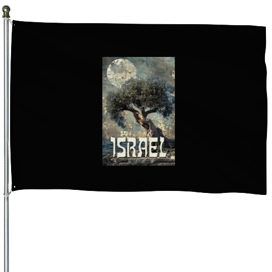 Israeli Scene with Olive Tree and the House Flags