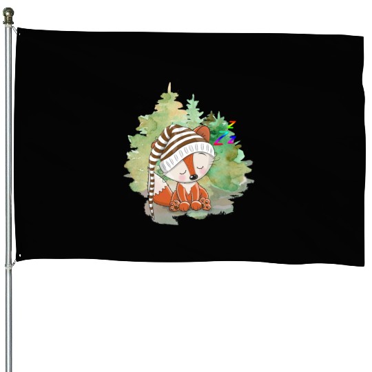 Pilot Fox Sitting On Grass With Tree Forest House Flags