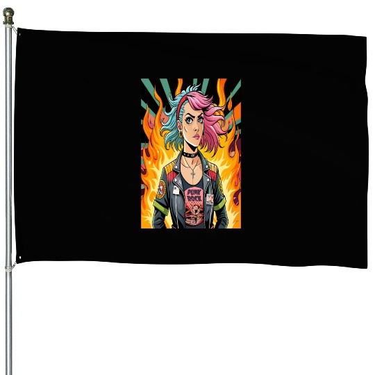Flames of Punk Rock Girl House Flags