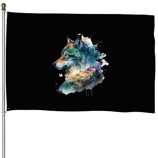 Wolf Print, Cosmic Wolves, Animal Print, Cosmos House Flags