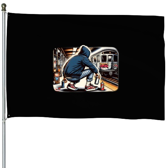 AI Teen in Subway Layup Underground- Masked Border House Flags