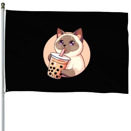 Siamese cat having bubble tea House Flags