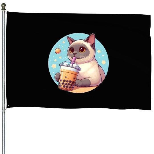 Siamese cat having bubble tea House Flags