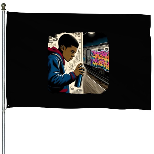 AI Teen in Underground Subway Layup -Masked Border House Flags