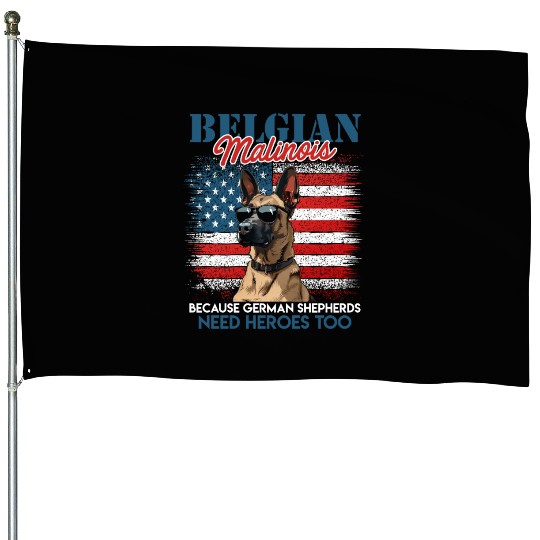 USA BELGIAN MALINOIS STEARING UP American House Flags