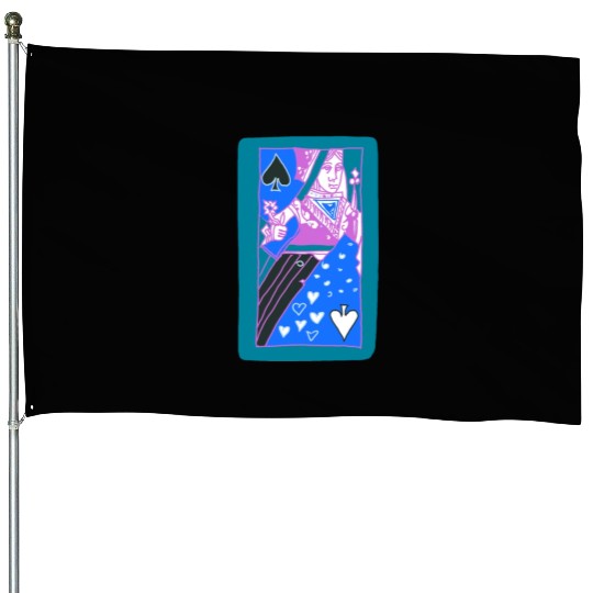 Teal Queen Of Spades Modern Art Playing Card House Flags