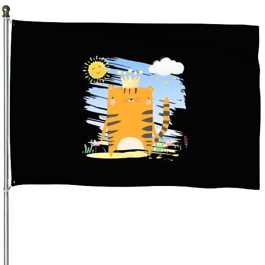 Kawai King Lion Tiger Using Crown Adorable Cartoon House Flags
