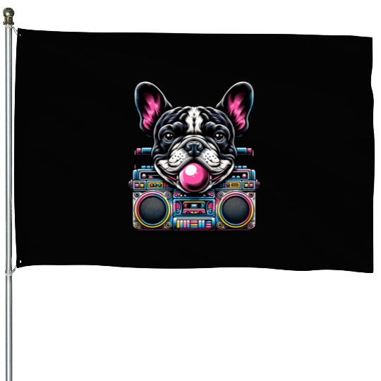 Frenchie Beats: French Bulldog with Music Boom Box House Flags
