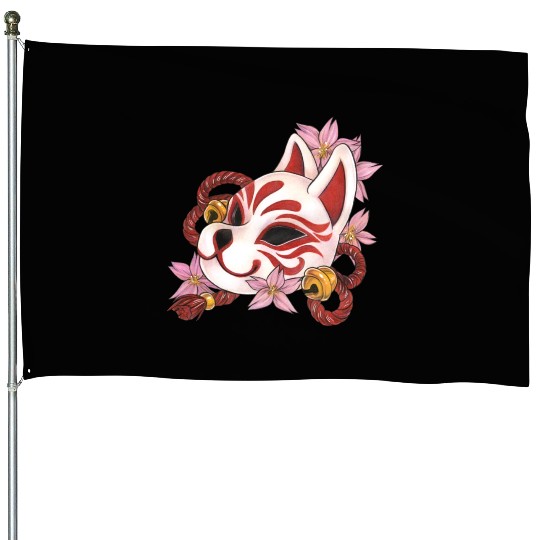 Great Kitsune Inari Kabuki mask with cherry blosso House Flags