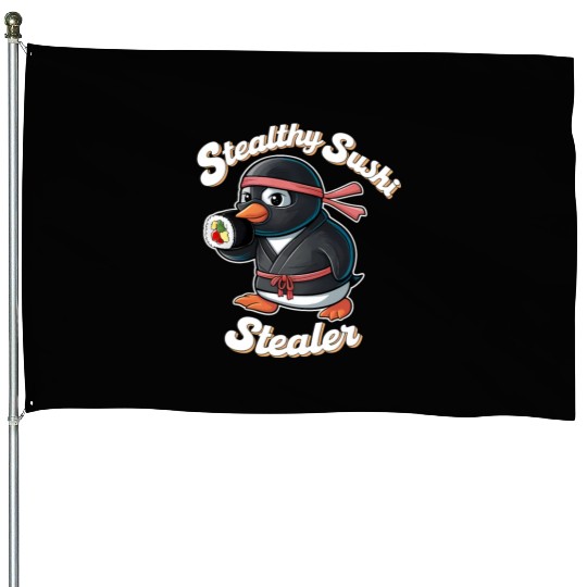 Ninja Penguin Stealing Sushi House Flags