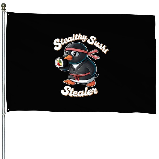 Ninja Penguin Stealing Sushi House Flags