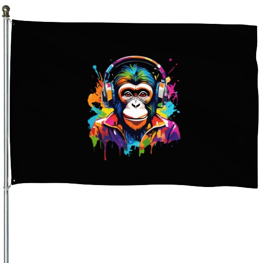 Monkey in headphones House Flags