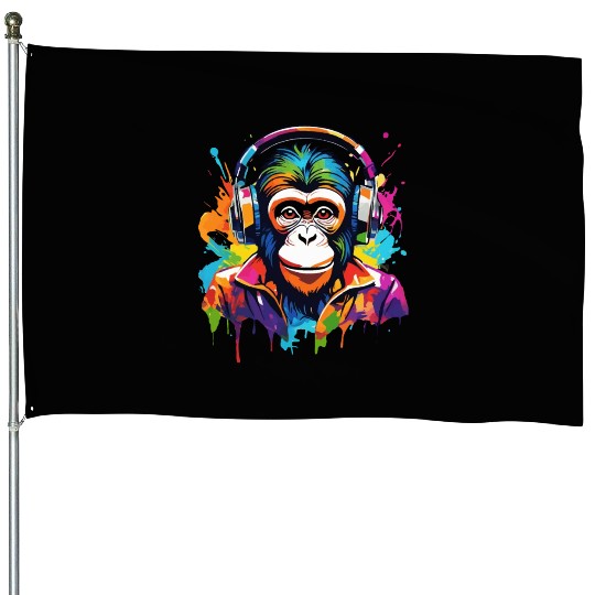 Monkey in headphones House Flags