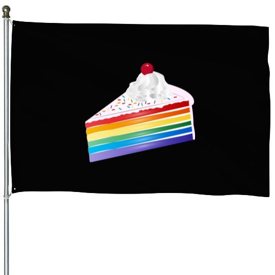 Piece of rainbow cake with cream and cherry House Flags