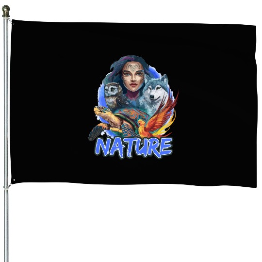Nature-Inspired Wolf Owl Turtle Phoenix Woman House Flags