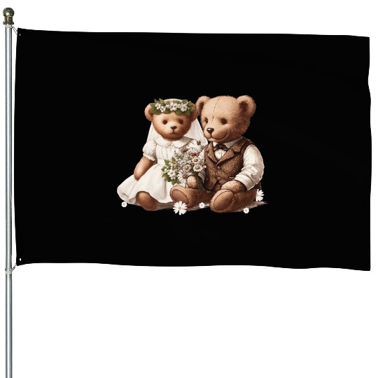 Vintage wedding: teddy bear bride and groom House Flags