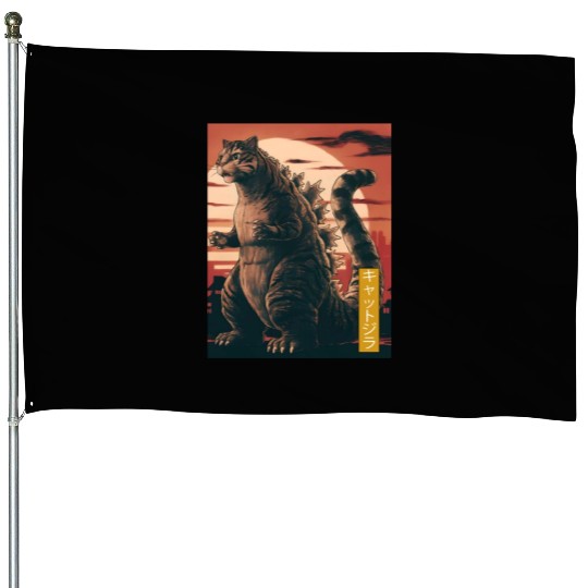 Funny Cute Cat Art Japanese Sunset Retro Catzilla House Flags