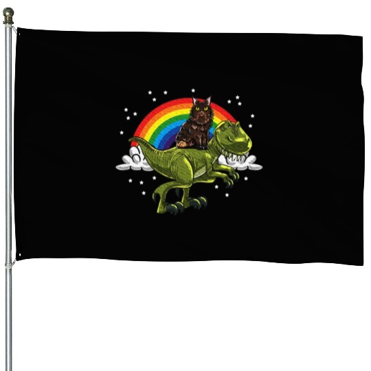 T Rex Dino Maine Cat Rainbow Feline Cat Lover House Flags