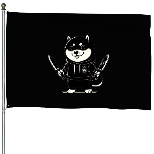 Hand-Drawn Style Shiba Inu with Knives House Flags