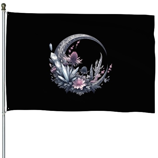 Crescent moon in silver, with crystals and flowers House Flags