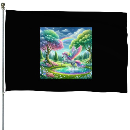 Enchanted Rainbow Unicorn Over Sparkling Pond House Flags