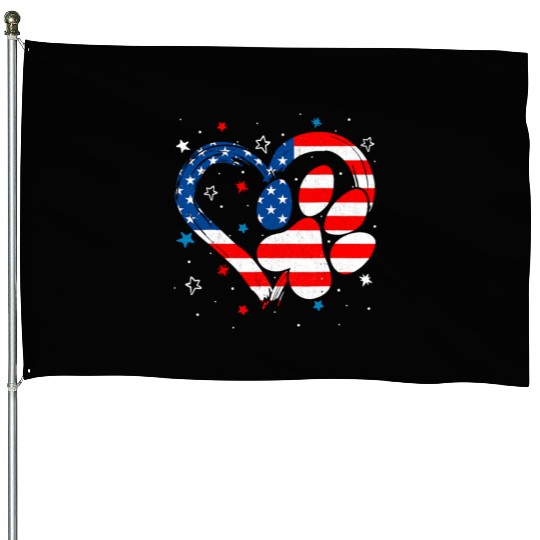 Dog Paw Heart US Flag 4th Of July Patriotic House Flags