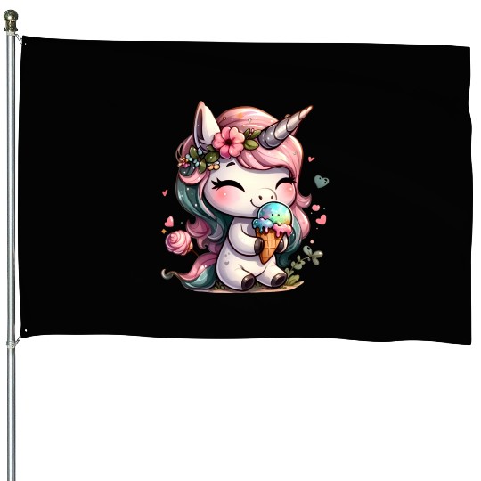 Chibi Unicorn Eating Ice Cream House Flags