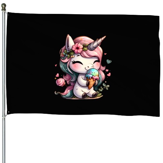 Chibi Unicorn Eating Ice Cream House Flags