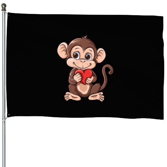 Cute Monkey Holding Red Heart Adorable Animal House Flags