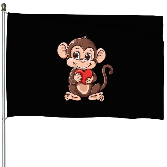 Cute Monkey Holding Red Heart Adorable Animal House Flags