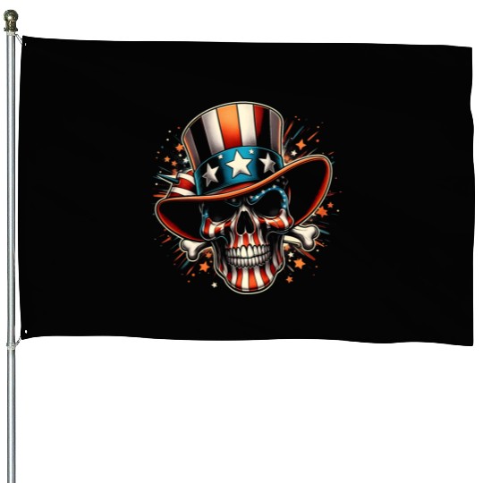 Independence Day Art 4 July Patriot US Skull House Flags