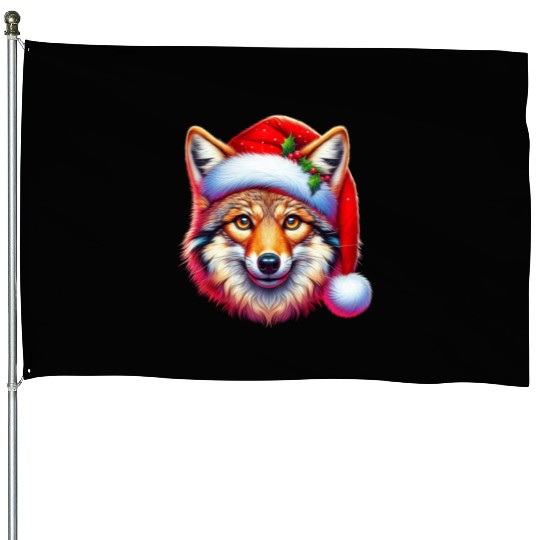 Christmas Coyote Art Red Santa hat Animal Lovers House Flags