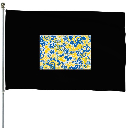 Ukrainian flag colors on floral folklore pattern House Flags